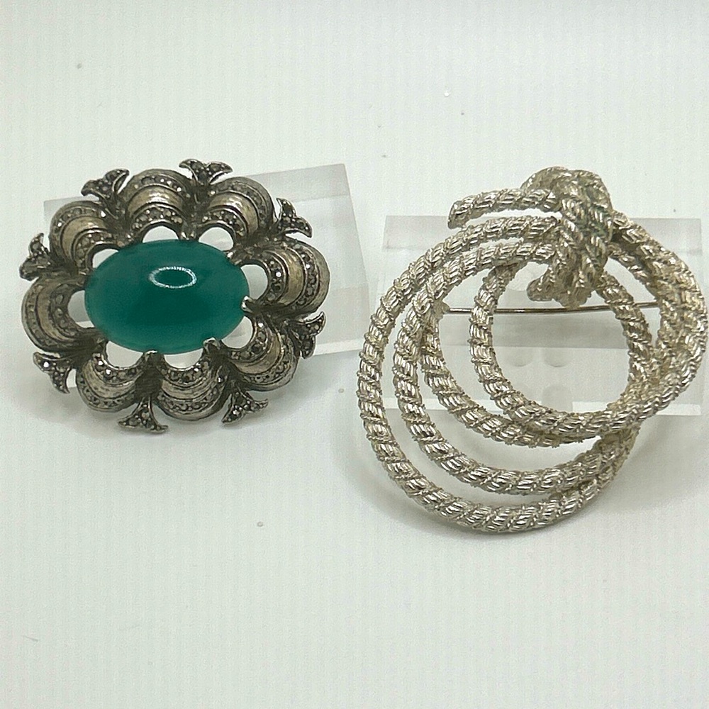 2 Vintage Brooches Silver tone W  Marcasite Style & Silver Rope Abstract Twist - Picture 4 of 10